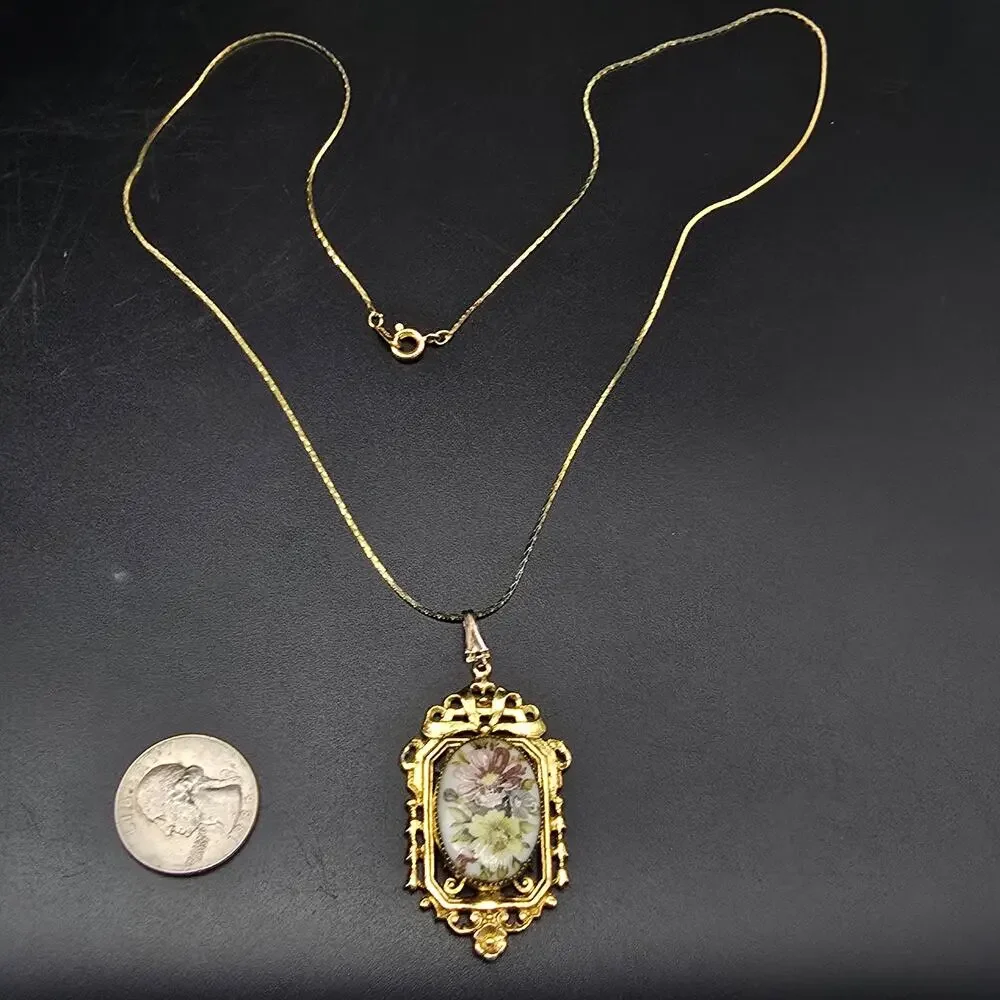 Vintage Floral Pendant Necklace Ornate Gold Tone Costume Jewelry